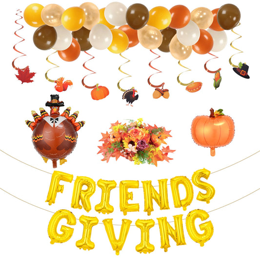 Party to Be Thanksgiving Decorations Set of 38 Pieces Friendsgiving Balloon Banner, Hanging Swirls, Pumpkin and Turkey Balloon Kit, Artificial Flower Dinner Table Centerpiece Fall