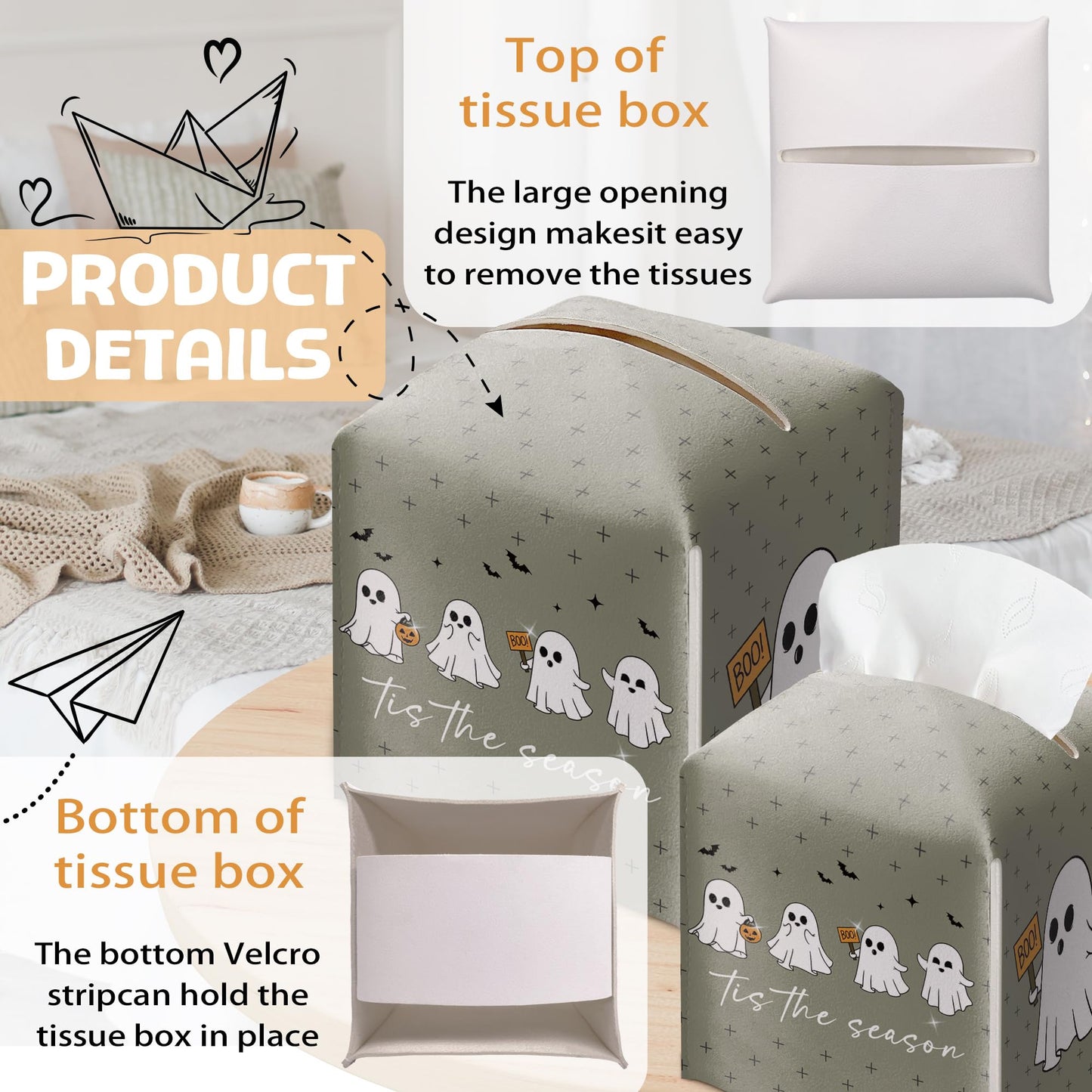 Halloween Tis The Season Tissue Box Holder, Cute Ghost Leather Tissue Box Cover Square, Cute Facial Paper Organizer Dispenser Toilet Paper Holder for Bathroom Kitchen Office Home Decor-A05