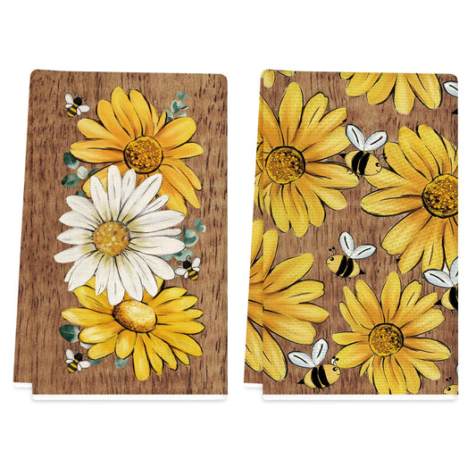 TAJWE Summer Kitchen Towels 18x26 Inch Set of 2 Wood Sunflower Bee Dish Towels Farmhouse Seasonal Holiday Decorative Hand Cloth for Kitchen Bathroom Decorations