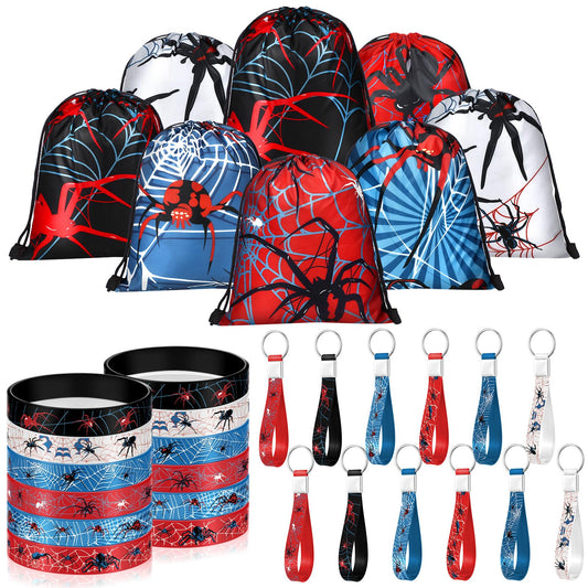 Lothee 32 Pcs Spider Party Favors Spiderweb Birthday Party Decor Drawstring Bag Goodies Bags with Rubber Bracelets Wristlet Keychain for Spiders Supplies Friends Gifts Carnival Accessories(Spiderweb)