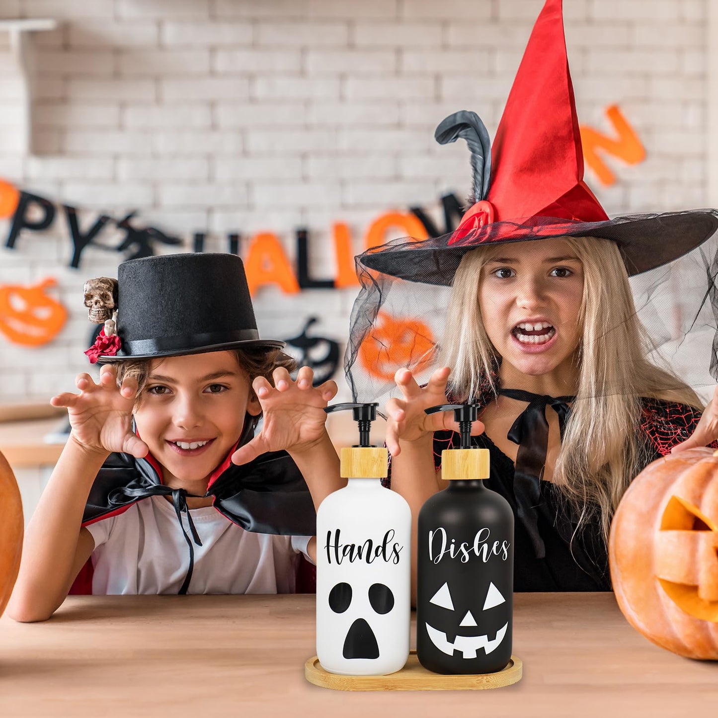 JarThenaAMCS 2Pcs Halloween Soap Dispenser Ghost Pumpkin Face Hand and Dish Glass Dispenser with Pump 16 Oz Refillable White Black Liquid Soap Container for Kitchen Bathroom