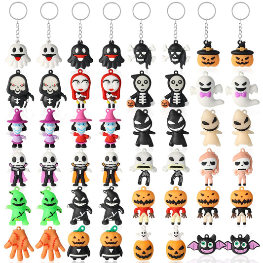 Becfupo 24 Pcs Halloween Cute Keychains Bulk, Ghost Pumpkin Bat Shaped Rubber Ornaments With Keyrings For Halloween Party Supplies, Classroom Giveaways