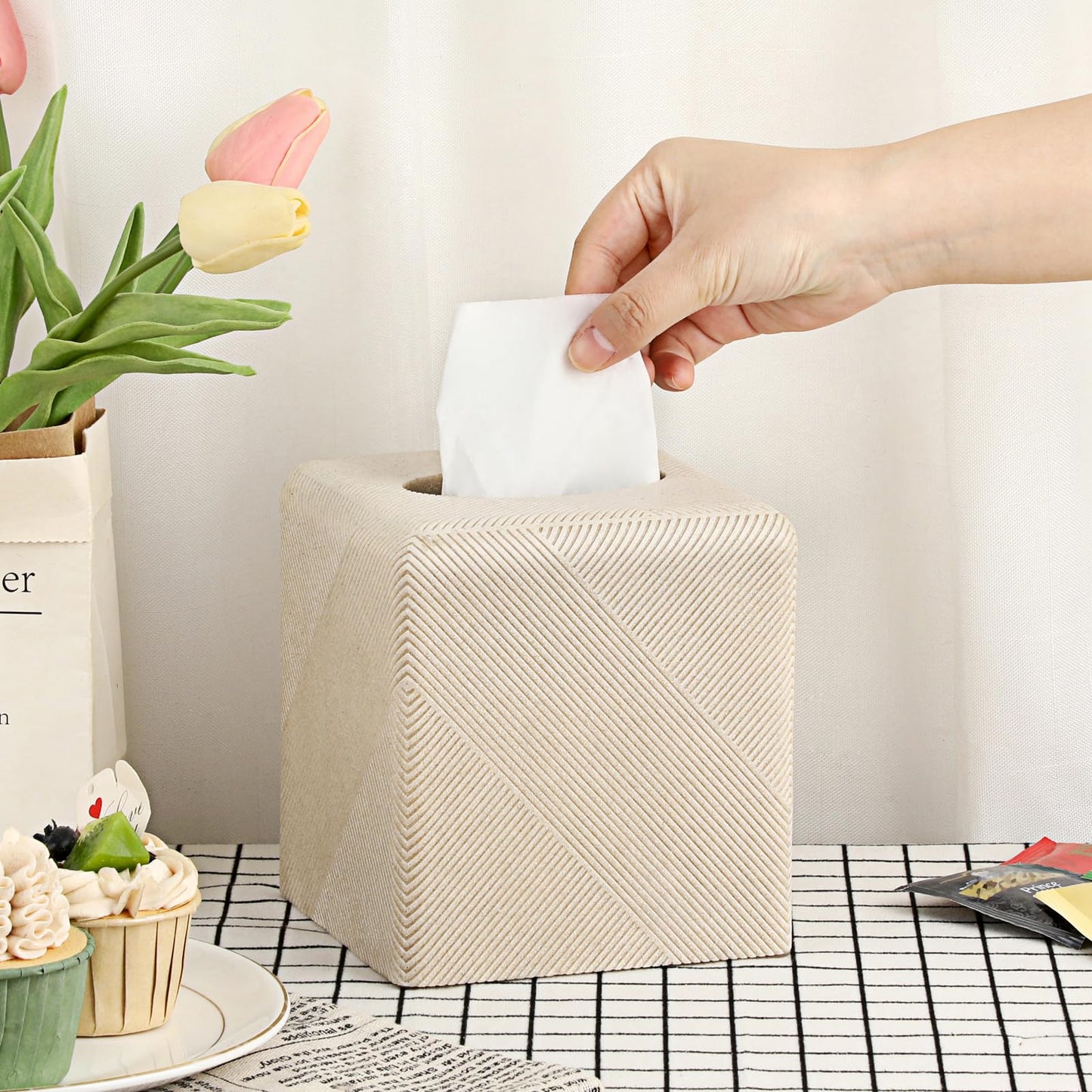 Twill Texture Tissue Box Cover Square, Resin Facial Tissue Holder Covers Square Cube Tissue Box Holder with Open Bottom for Bathroom Vanity Tops, Bedroom Dressers, Kitchen Countertop, Travertine Beige