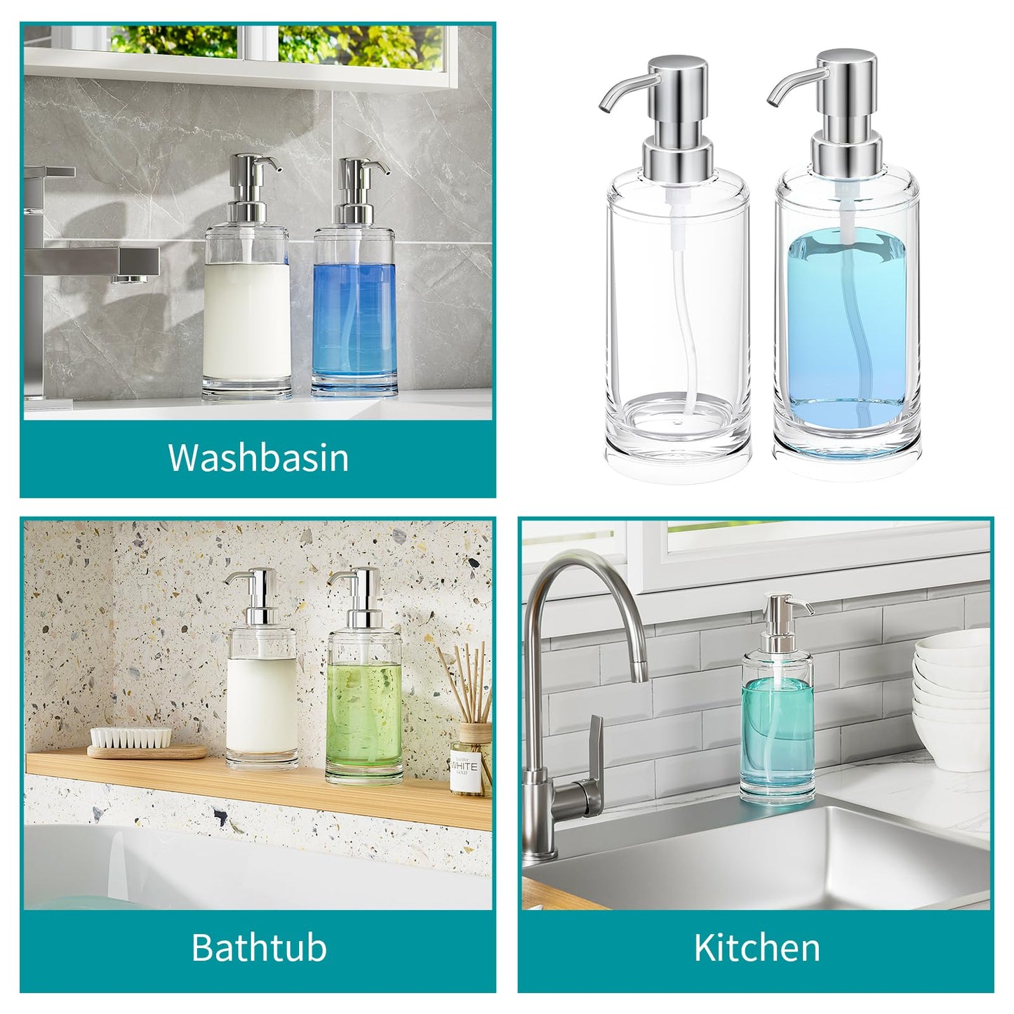 Clear Plastic Soap Dispenser Set of 2, 10 oz Pumps for Dish and Hand Soap