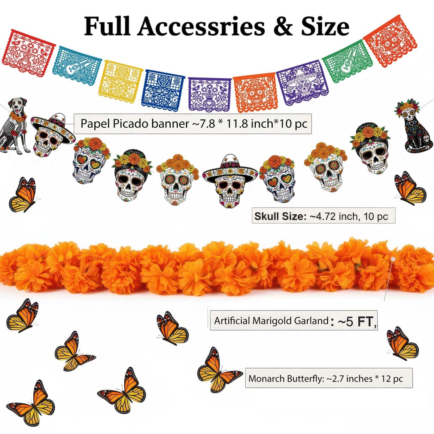 Day of The Dead Calavera & Papel Picado Banners Dia De Los Muertos Day of The Dead Party Decor with Monarch Butterfly Artificial Marigold Day of The Dead Flag Butterfly Decoration