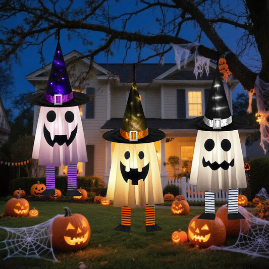 Halloween Decorations Outdoor - 3PCS Halloween Hanging Light up Ghosts, Orange & Purple & White Spooky Glowing Ghost Witch Hat for Garden Yard Tree Haunted Houses Indoor Outside