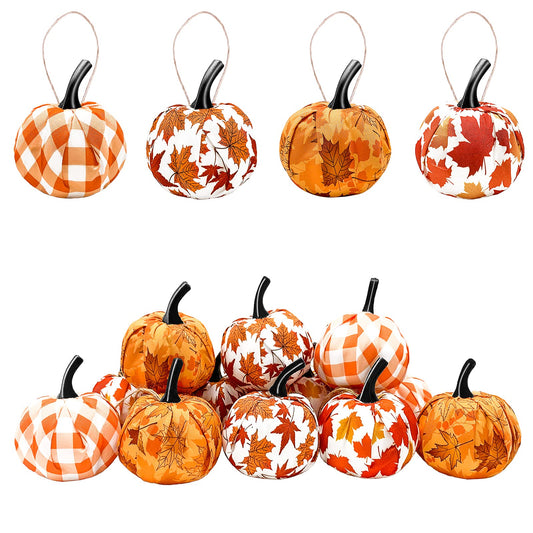 Sfcddtlg 12 Pcs Fall Thanksgiving Day Hanging Pumpkin- Maple Leaf Gingham Fabric Wrapped Hanging Ball Ornament for Farmhouse Fall Autumn Thanksgiving Party Home Décor