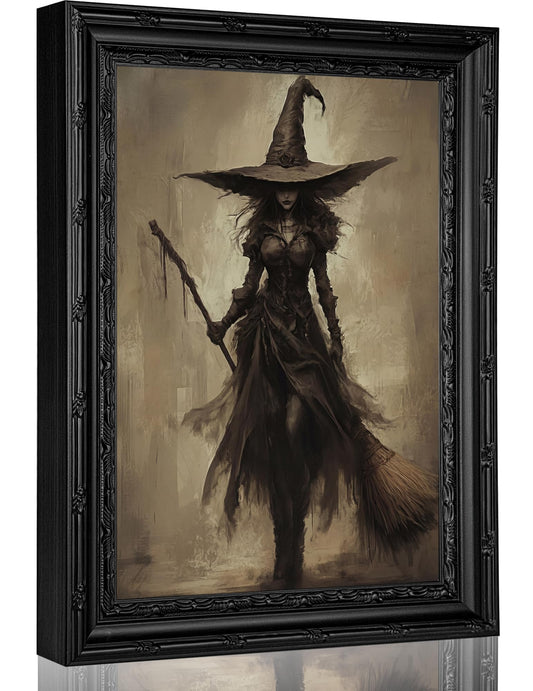Framed Vintage Witch Canvas Wall Art,Halloween Painting Picture Wall Decor,Dark Academia Poster Print Artwork,for Living Room Bedroom Home Decoration 9x11in