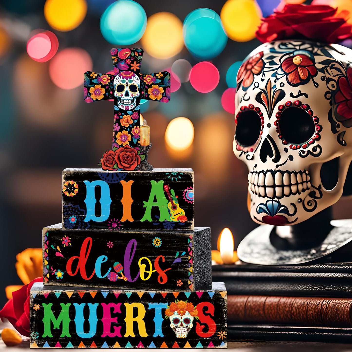 Mimorou 4 Pcs Day of The Dead Table Decorations Wooden Mexican Dia De Los Muertos Altar Centerpiece for Table Tiered Tray Decor Sugar Skull Cross Block Signs for Halloween Party Home Shelf Decoration