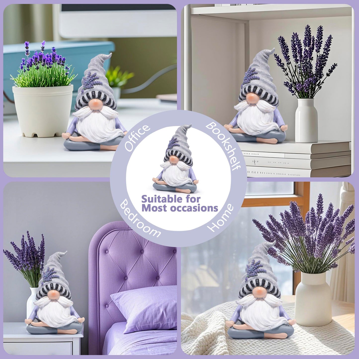 Hodao Zen Lavender Meditation Gnome Figurine - Yoga Inspired Home Decor for Relaxation & Serene Living Spaces Spring Yoga Lavender Gnome Decorations Calming Gifts for Women and Nature Lovers