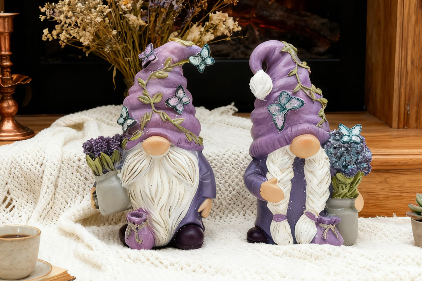 Hodao 2Pcs Purple Lavender Butterfly Gnome Figurine Set for Yard, Lawn, Patio, Porch - Weatherproof Resin Garden Decoration - Outdoor Decor & Unique Gnome Gift for Women