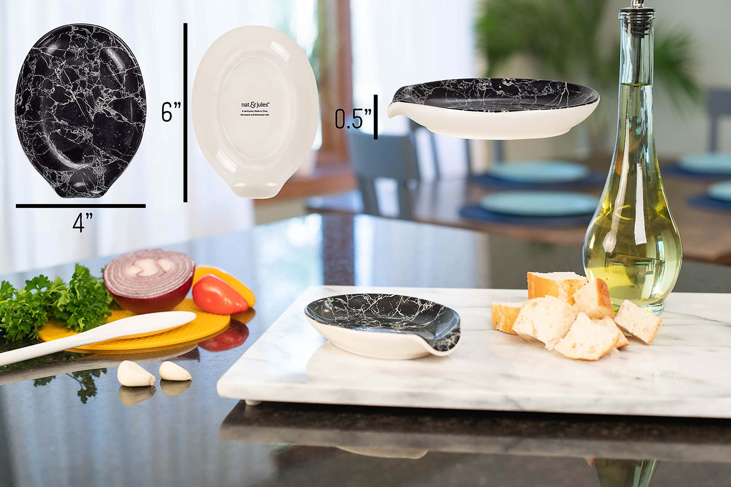 Nat & Jules Marbled Black 6 x 4 inch Ceramic Oval Countertop Spoon Rest - Versatile & Ideal for Everyday use from your Stove Top, Kitchen Counter, and Coffee or Cooking Stations, Marbled Black