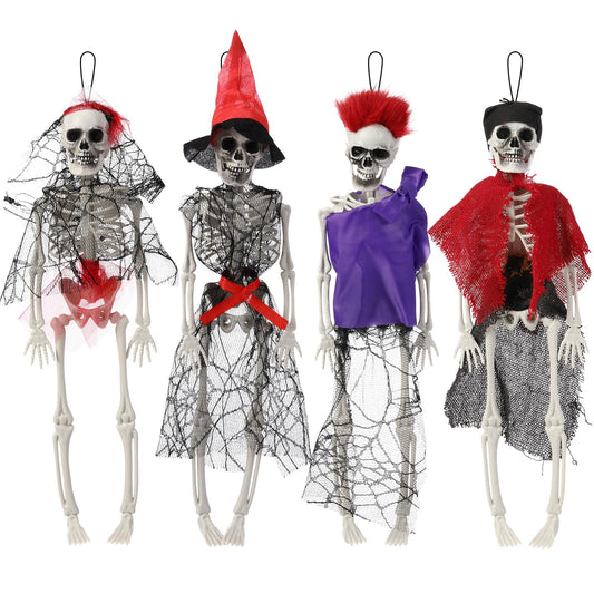 Poen 4 Pack 16" Halloween Hanging Skeleton Decorations Small Full Body Posable Skeletons with Movable Joints Plastic Mini Spooky Decor for Halloween Party Haunted House Lawn Graveyard Props(Pirate)