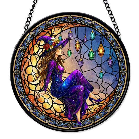 FIVITY 7.8" Moonlight Witch Suncatcher Stained Glass Window Hanging Mystical Witchy Sun Catchers Halloween Ornaments Wall Art Door Garden Room Home Decor Birthday for Teens Women