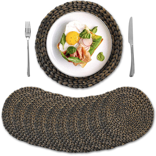 10 Pack, Round Woven Placemats, Natural Water Hyacinth Wicker Place Mats, Braided Straw Table Mats for Dining Table, Fall, Halloween, Thanksgiving, Chrismats, Black (13.8 inch)