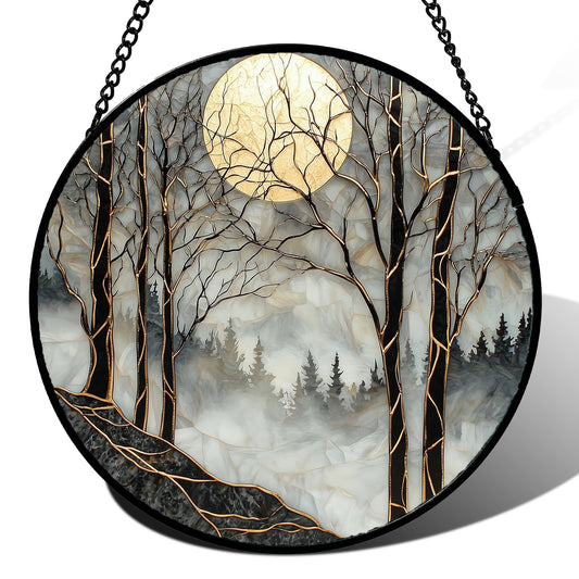 AMDERVEN Stained Glass Window Hanging - Grey Moon Forest Sun Catcher for Door Home Decor Suncatcher Christmas Mother's Day Birthday Gifts for Women Men Lovers Mom Nana 7.8 in