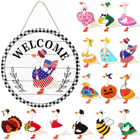 Memorywuu 16 Pcs Memorial Day Independence Day Interchangeable Welcome Sign 12 Inch Holiday Seasonal Wooden Sign Goose Welcome Tag with Wooden Holiday Magnet Goose for Front Porch Door(White)