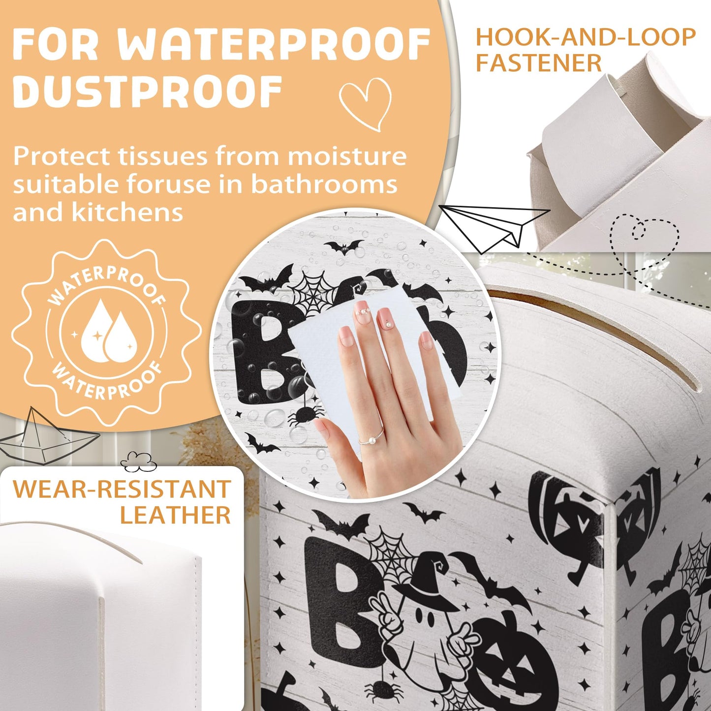 Boo Halloween Tissue Box Holder, Black Spooky Pumpkin Leather Tissue Box Cover Square, Horror Facial Paper Organizer Dispenser Toilet Paper Holder for Bathroom Kitchen Office Home Decor-A11