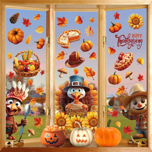 LOKIPA 3D Thanksgiving Window Stickers, 8 Sheets Thanksgiving Window Clings Double Sided Windows Decals for Thanksgiving Windows Decorations