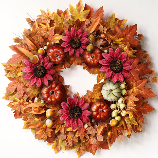28'' Large Fall Wreath for Front Door, Porch, Window- Artificial Maple Leaves Fake Pumpkins Faux Acorns Sunflower Outdoor Autumn Wreath for Home, Farmhouse Wall Thanksgiving Day Harvest Festival Decor
