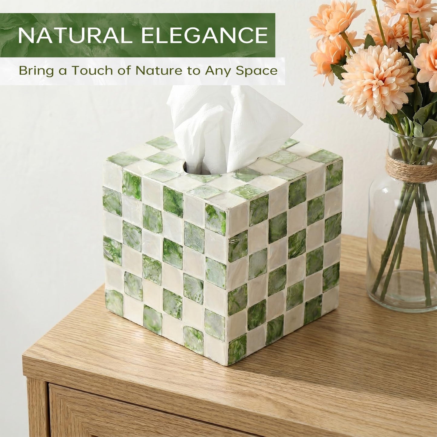 Coeusy Capiz Tissue Box Cover, Square Decorative Tissue Holder with Bottom Slider, Handmade Checkered Cube Tissue Box Cover for Bathroom Vanity,Office or Bedroom,Green