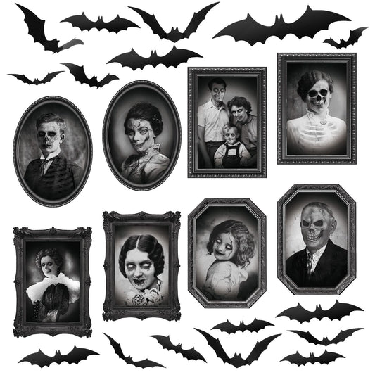 Yerliker 52 Pcs Halloween Decoration Scary Indoor Wall Decor 3D Changing Face Moving Picture Frame Portrait with Bat for Horror Halloween Party Supplies Castle Haunted House Decor