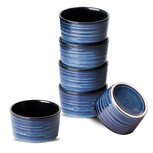 Hasense 4 oz Ramekins Oven Safe,Ceramic Creme Brulee Dish for Baking Set of 6,Porcelain Dipping Sauce Bowls for Pudding, Souffle,Serving Dip,Custard,Ice Cream(Blue)