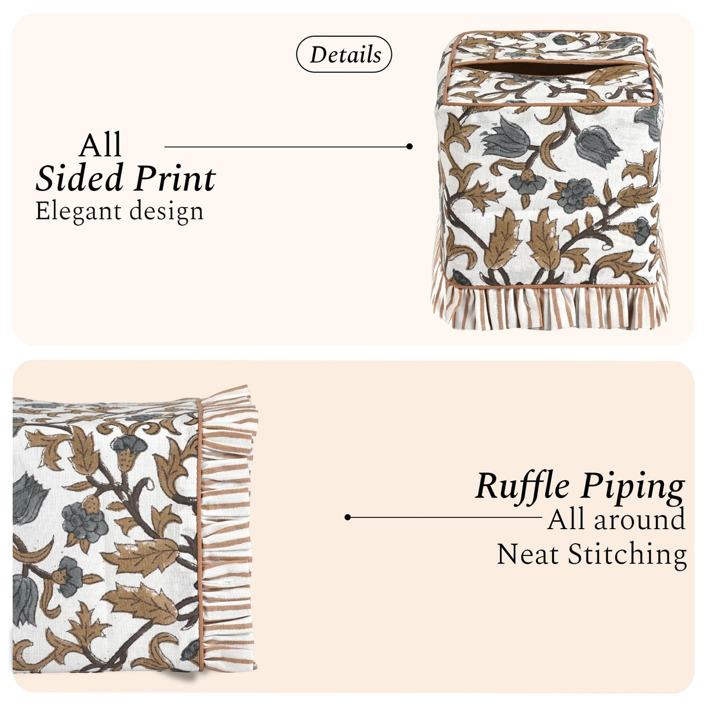 CPC Autumn Vine Hand Block Print Cotton Ruffle Tissue Box Cover 4.5"x4.5"x5"Inch, Square Decorative Tissue Holder Cover for Bathroom, Living Room, Bedroom, Home Décor, Vanity, Car Gift for Summer
