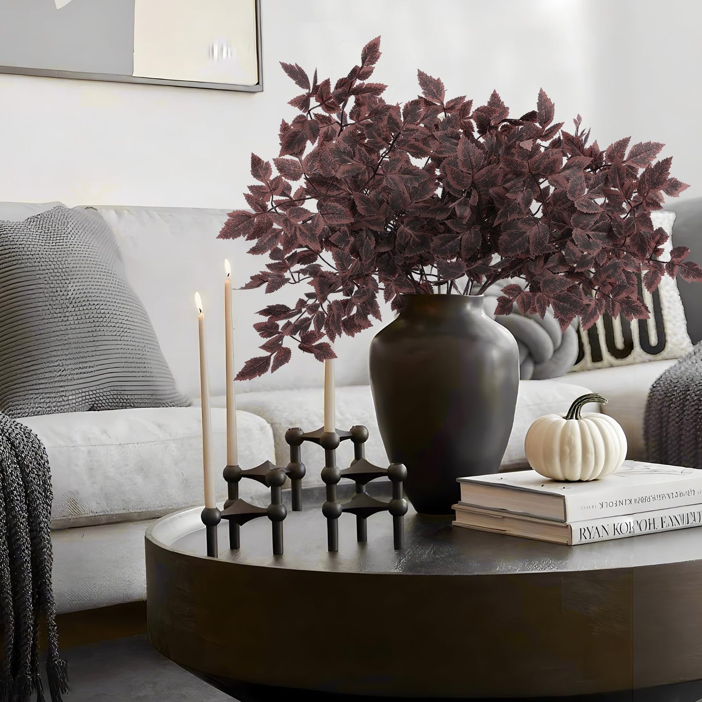 Hananona 8 Pcs Artificial Cimicifuga Leaf Spray, 23 in Faux Burgundy Fall Greenery Branch with Long Stems for Vase, Farmhouse Thanksgiving Autumn Centerpiece Halloween Decor (8, Chocolate, 23 in)