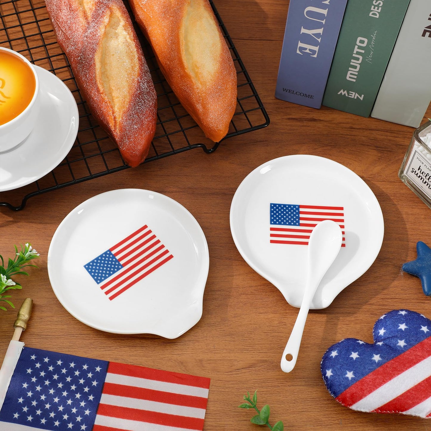 2 Pcs 4.7 Inch Patriotic Spoon Rest 250th Anniversary American Flag Small Coffee Spoon Holder for 4th of July Independence Day Bar Coffee Station Accessory
