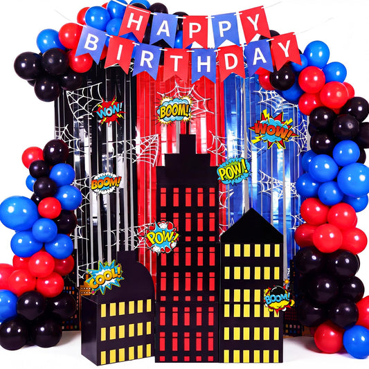Sliner 47 Pcs Spider Web Birthday Decorations, Tinsel Foil Fringe Curtains Balloons Skyscraper City Boxes set, Spider Party Supplies Red Black Blue Photo Booth Prop Backdrop Streamer, Backdrop Decor
