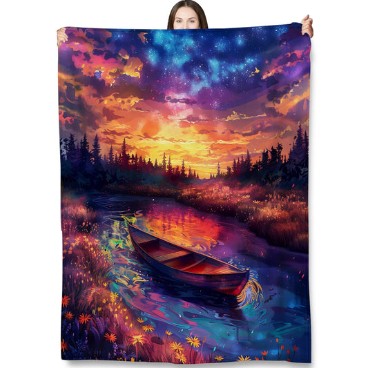 Turamurra Sunset River Canoe Throw Blanket Gifts for Kids Women, Colorful Galaxy Sky Forest Landscape Nature Blankets for Couch, Bedroom, Living Room Decor, Fuzzy Warm Flannel Plush 50"x60"