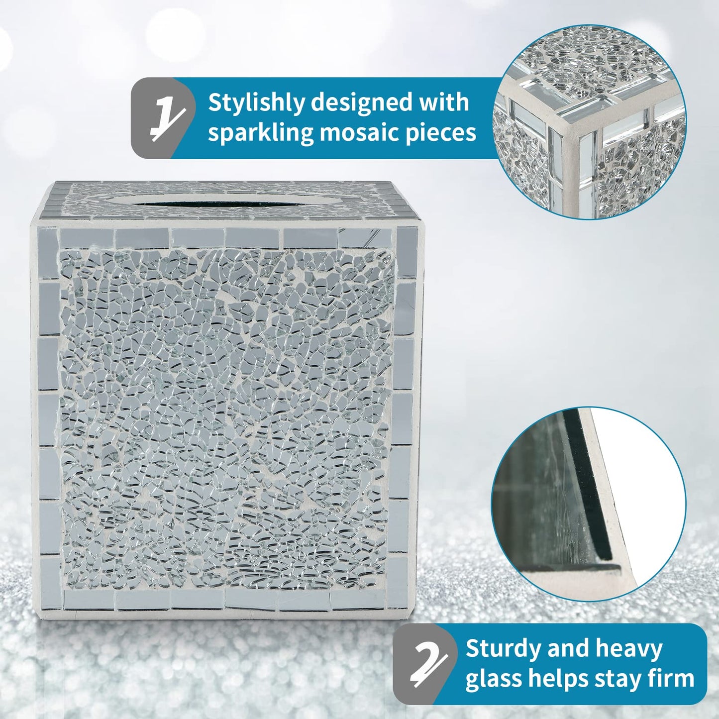MDLUU Mosaic Glass Tissue Box Holder, Decorative Tissue Box Cover, Square Tissue Dispenser for Bathroom, Bedroom, Living Room (Silver)