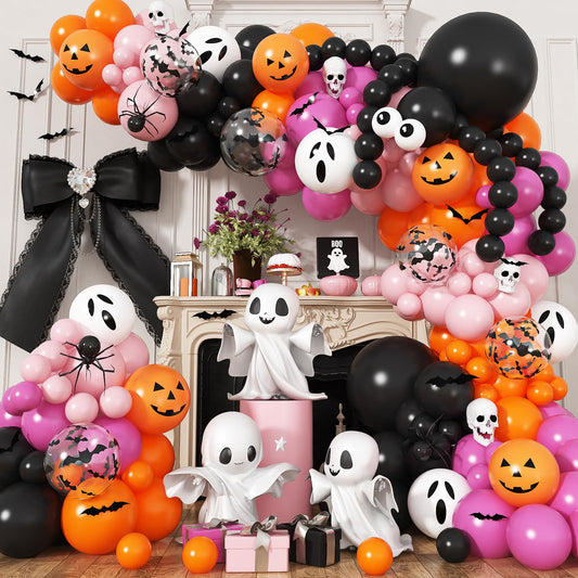 Froova Halloween Balloon Arch Pink Black Orange Balloons Garland 3D Bat Stickers Bat Print White Ghost Pumpkin Latex Balloons for Pink Halloween Night Ghost Spooky One Birthday Baby Shower Party Decor