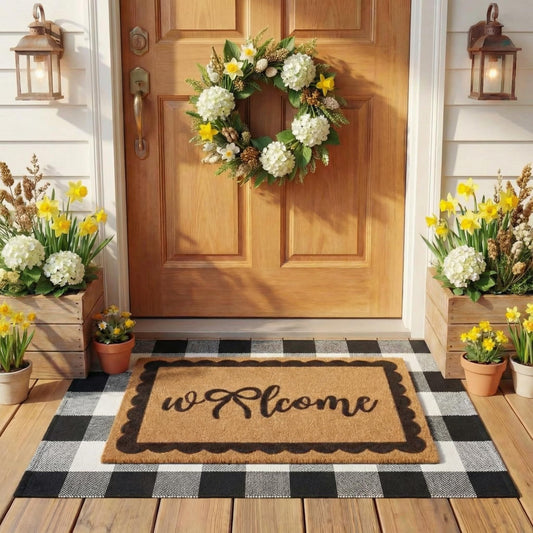 Klyyo Clyro 2 Pcs Bow Welcome Front Door Mats Combo Set Coco Coir Welcome Doormat 27.5''x43'' Layered Buffalo Black White Striped Rug Extra Thick Nonslip Backing for Outdoor Porch Entryway Decor