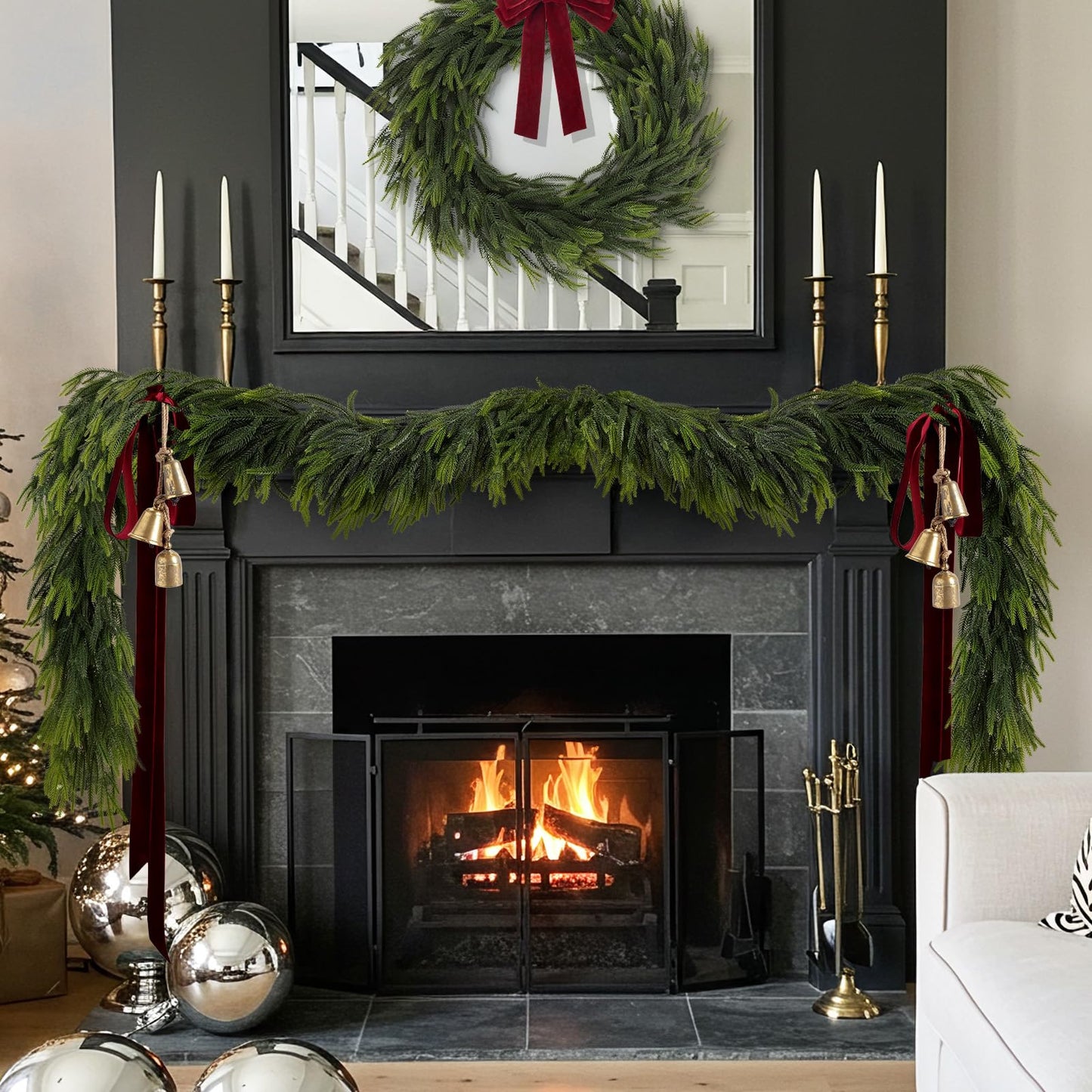 N&T NIETING 9FT Christmas Norfolk Pine Garland, Real Touch Pine Garlands Faux Greenery Garland Winter Christmas Garland for Table Mantle Holiday Indoor Outdoor Xmas Decorations (4 Pcs)