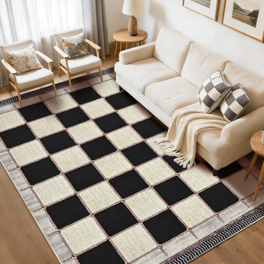 Yinhua Checkered 5x7 Area Rugs Black Farmhouse Washable Area Rug for Living Room Non Slip Soft Faux Wool Distressed Rugs for Bedroom, Classic Checkerboard Throw Rug for Nursery Office Playroom