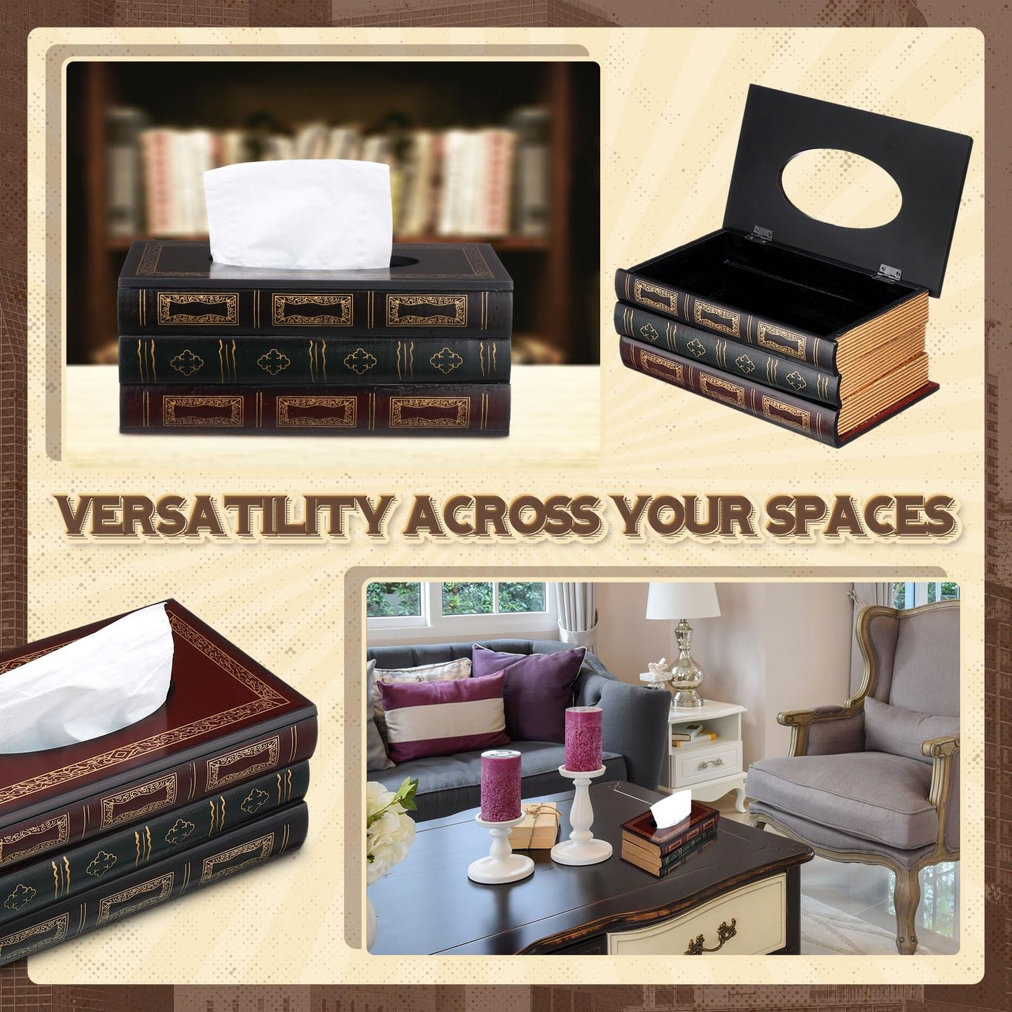 Teenyyou 2 Pcs Wooden Retro Book Tissue Box Cover Antique Tissue Box Cover Rectangular Classical Novelty Toilet Paper Holder Dispenser Medieval Home Decor for Bathroom Living Room Office Car Kitchen
