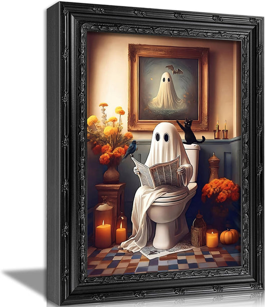 Devunaty Vintage Halloween Ghost on Toilet Reading Book Black Framed Canvas Wall Art Dark Academia Bathroom Decor with Black Cat, Funny Gothic Ghost Print for Fall Halloween Bathroom Art 9x11 Inch