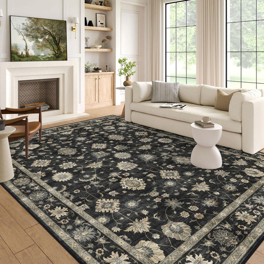 LUXRUG Washable Area Rug 5x8 - Traditional Floral Living Room Rug Soft Bedroom Rug Ultra-Thin Charcoal Black Vintage Farmhouse Bohemian Dining Room Rugs for Under Table Indoor Carpet for Living Room