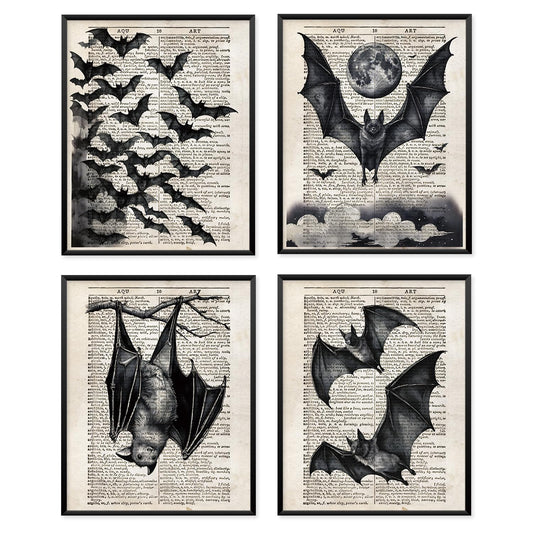 VONTP Dark Academia Gothic Bat Wall Art Decor, Gothic Room Decor, Retro Mystical Full Moon Bats Goth Prints Poster Wall Decorations for Bedroom Living Room Home, 8x10 Set of 4 (Unframed)