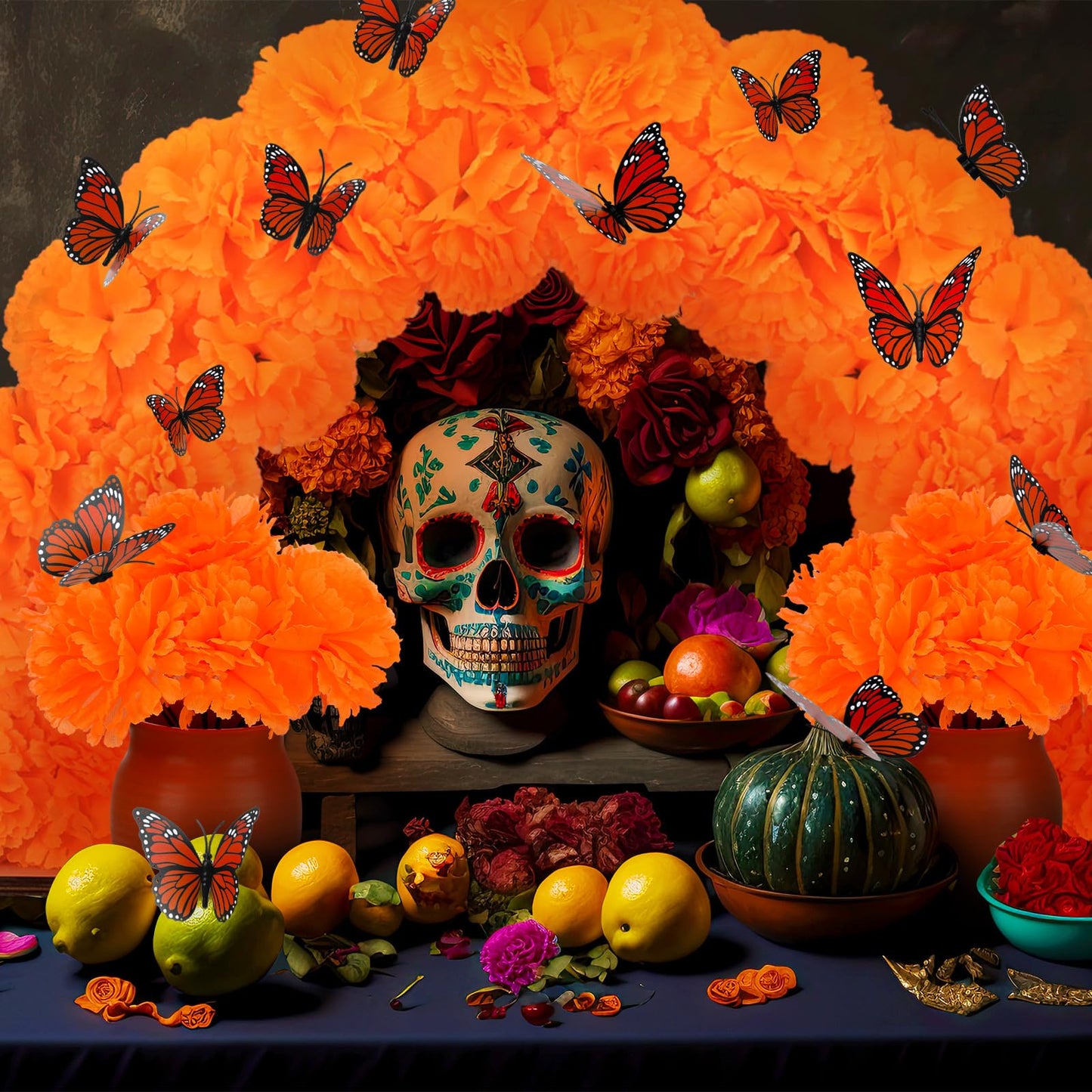 Yalikop 28 Pcs Day of The Dead Marigold Arch Kit Dia De Los Muertos Altar Decor Include Marigold Table Arch Garland with 15 Artificial Flower with Stem and 12 Pcs 3D Butterfly for Dia De Los Muertos