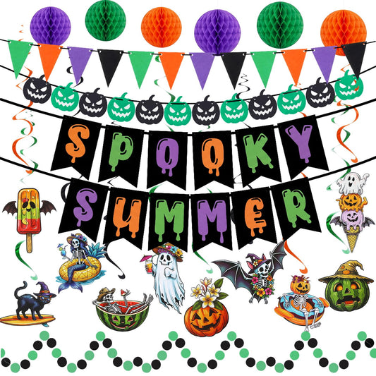 Crtiin Summer Halloween Banner Decorations Spooky Summer Hanging Banner with Honeycomb Balls Hawaii Halloween Paper Garland Photo Props Skeleton Mermaid Ghost Charms for Hallows Beach Party