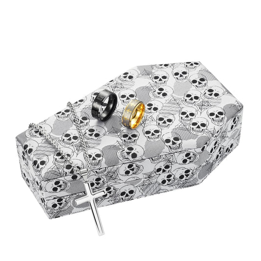 King Will Mens Ring Box Organizer Coffin Shape Jewelry Boxes for Multiple Rings Premium Velvet Storage Case Unisex Two Tone Vintage Lightweight Portable for Home Travel Luxury Gift, Skull Patterns