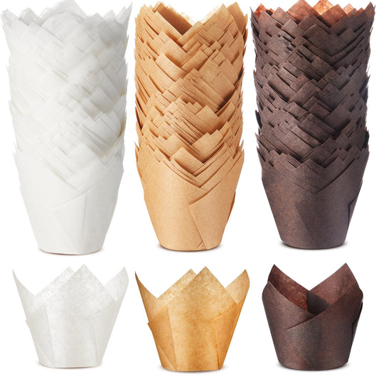 Motiskyy 300 Pcs Jumbo Muffin Liners for Baking 2-1/4" x 4" Large Tulip Cupcake Liners Greaseproof Cupcake Wrapper Paper for Weddings Birthday Christmas Anniversaries Party (Light Brown,White,Brown)