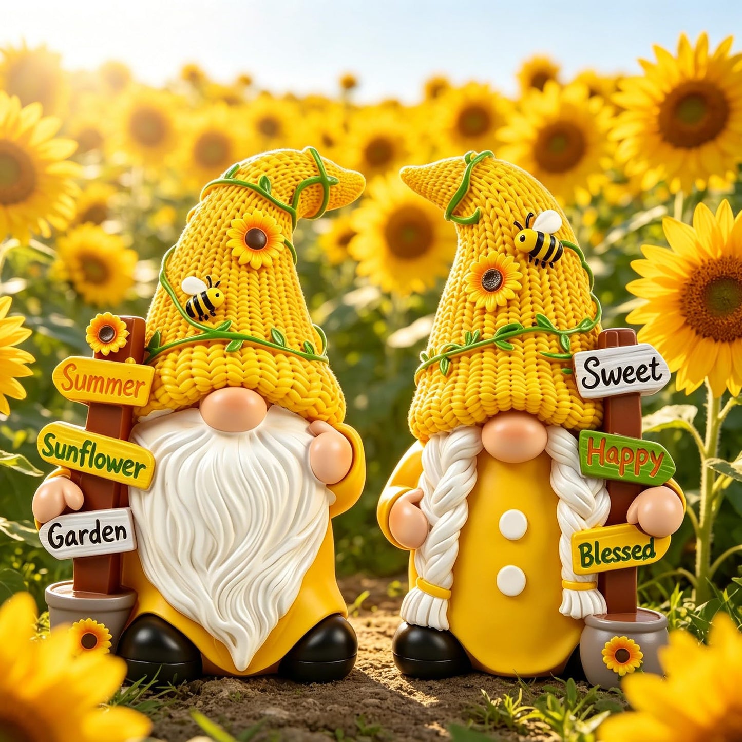 upbema Sunflower Gnome Garden Decorations 2 PCS Resin Summer Figurines Cute Indoor Collectible Statue Outdoor Ornament for Table