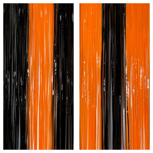 KatchOn, Black and Orange Foil Fringe Curtain - XtraLarge 3.2x8 Feet, Pack of 2 | Orange and Black Streamers, Halloween Decorations | Fringe Backdrop Curtain for Birthday, Summerween Party Decorations
