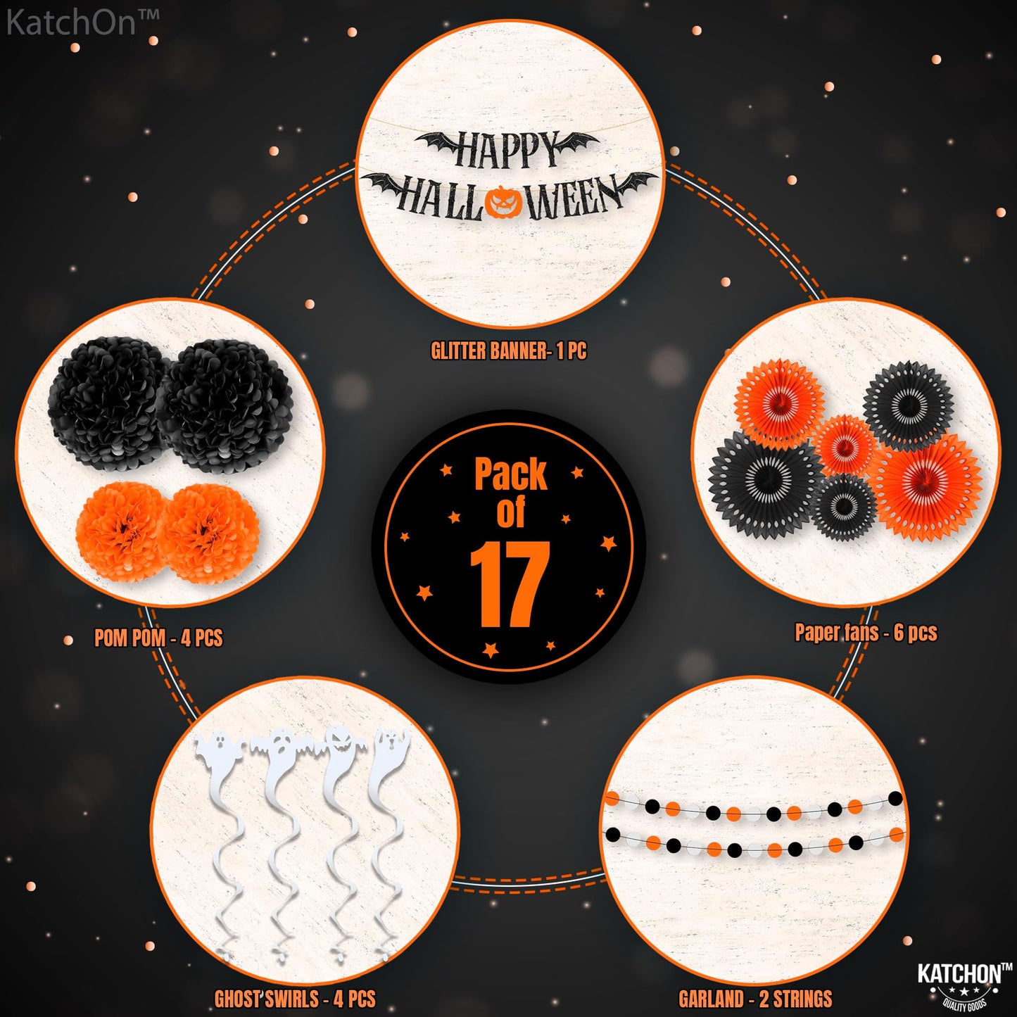 KatchOn, Happy Halloween Party Decoration Set - Pack of 17 | Garlands & Wall Portrait Banner | XtraLarge 72x44 Inch- halloween Banner | Wall Backdrop,Hanging Swirl For Halloween Decorations