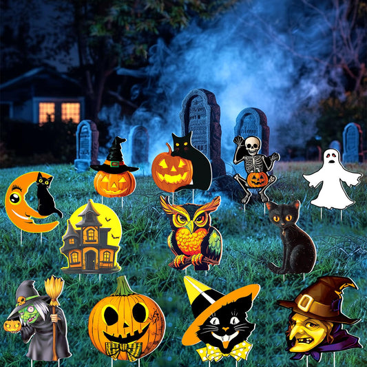 Amyhill 12 Pcs Halloween Yard Signs Vintage Lawn Decorations with Stakes Sturdy Corrugated Plastic Outdoor Decorations Witch Black Cat Pumpkin Ghost Owl Skeleton Garden Signs for Scary Halloween Party