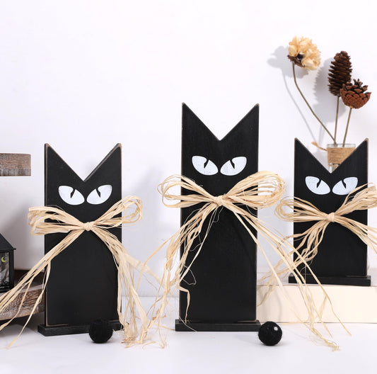 Set of 3 Wooden Black Cats Table Decor – Rustic Halloween Decorations, Tiered Tray Accents, Farmhouse Spooky Black Cat Figurines in 3 Sizes